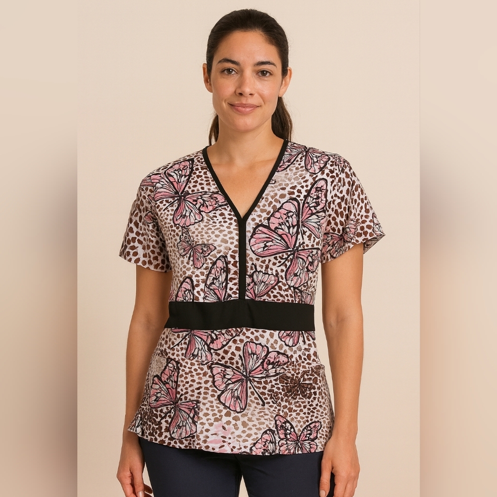 #211 Med Wear Pink Butterfly Print V-Neck Scrub Top Black Trim Women’s Medium